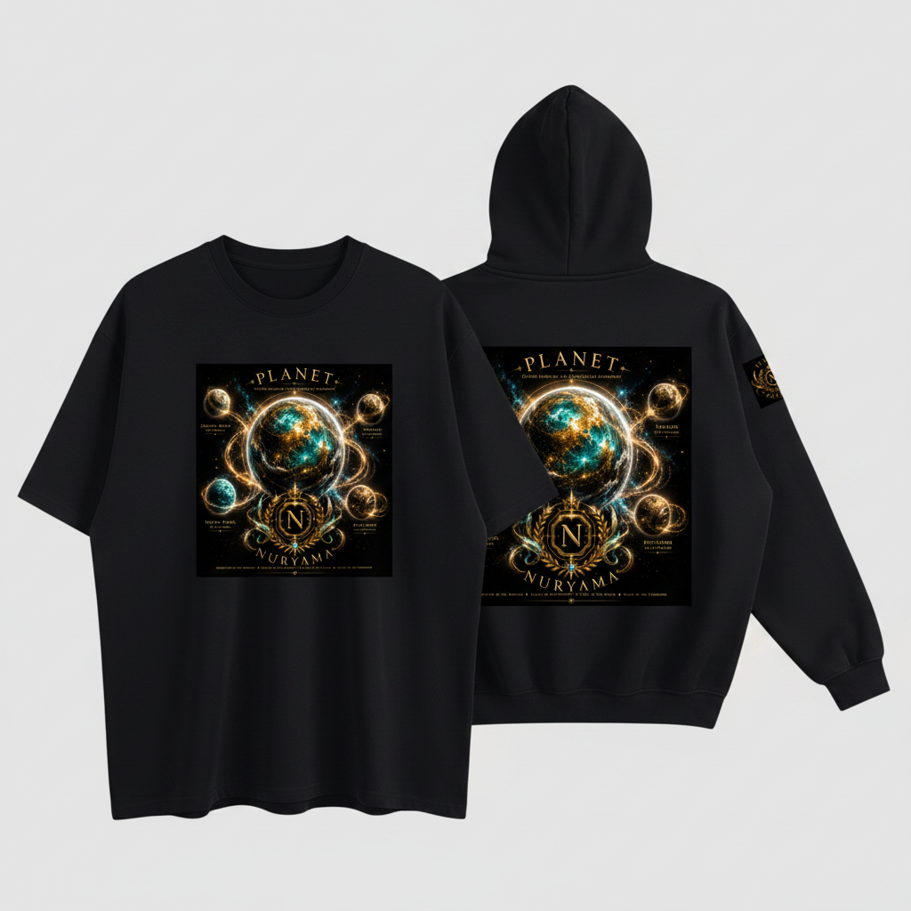Planet Nuryama T-Shirt and Hoodie Bundle - black garments showing front of t-shirt and back of hoodie with Planet Nuryama graphic